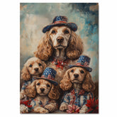 Mother Cocker Spaniel and Three Puppies in Patriotic Outfits with Stars and Flowers on Ready to Hang 1.5" Thick Canvas Wrap, Floating Framed Canvas, Flat Rolled Canvas